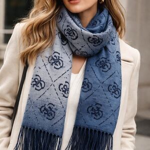 Authentic GUESS Monogram Scarf Blue Reversible Women/Men 17.5x35.5 Fringe